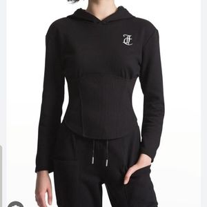 NWT Juicy Couture Black Corset Pullover Hooded Top and Jogger Pants